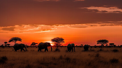 Elephants at sunset in the savannah, created with Generative AI technology.