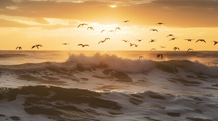 A flock of seagulls flying over the waves, created with Generative AI technology.
