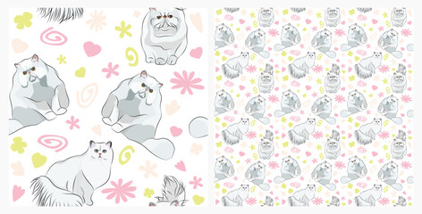 Spring pattern with spirals, leaf, flowers, Persian cats. Pastel colors. Elegant, soft seamless background, abstract summer pattern with hand-drawn colorful shapes. Delicate, gender-neutral, child's.