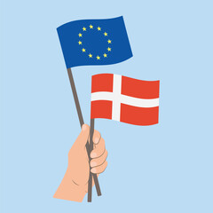 Flags of EU and Denmark, Hand Holding flags