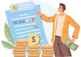 Businessman analyzing financial balance, wealth investment, personal or corporate budget. Revenue growth concept. Man analyzes sales statistics. Entrepreneur makes big profit. Competent investment