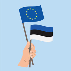 Flags of EU and Estonia, Hand Holding flags