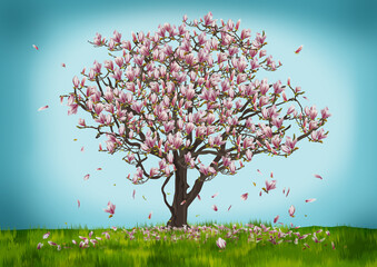 Un magnolia en fleur dans une prairie sur fond de ciel bleu.