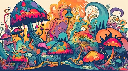 Naklejka na ściany i meble Vibrant Abstract Art: 60s-70s Retro Style Psychedelic Mushroom Clipart for a Trippy Experience. Generative AI