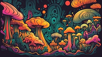Obraz na płótnie Canvas Vibrant Abstract Art: 60s-70s Retro Style Psychedelic Mushroom Clipart for a Trippy Experience. Generative AI