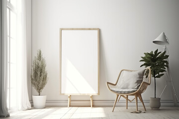 picture frame mockup on white wall. Modern living room design, Generative AI	
