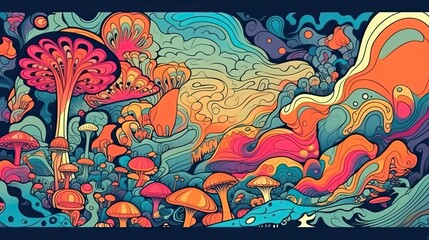 Vibrant Abstract Art: 60s-70s Retro Style Psychedelic Mushroom Clipart for a Trippy Experience. Generative AI