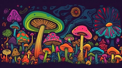 Vibrant Abstract Art: 60s-70s Retro Style Psychedelic Mushroom Clipart for a Trippy Experience. Generative AI