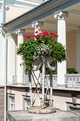 Decorative outdoor vase with red geranium