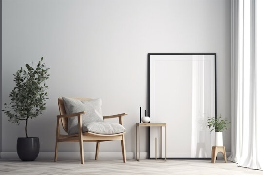 White Blank picture frame mockup on white wall. Modern living room design. View of modern style interior with chair, Generative AI	