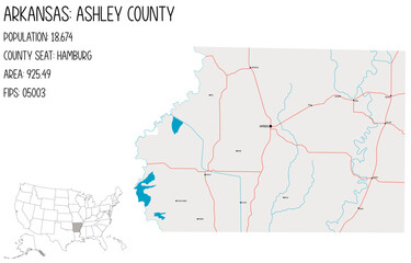Large and detailed map of Ashley County in Arkansas, USA.