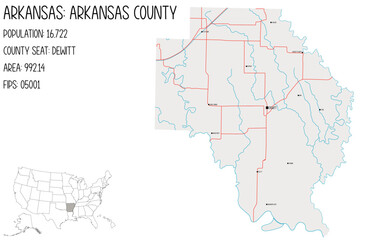 Large and detailed map of Arkansas County in Arkansas, USA.
