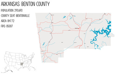 Large and detailed map of Benton County in Arkansas, USA.