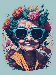 Happy granny in flowers splash. AI generated illustration