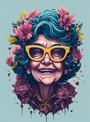 Happy granny in flowers splash. AI generated illustration