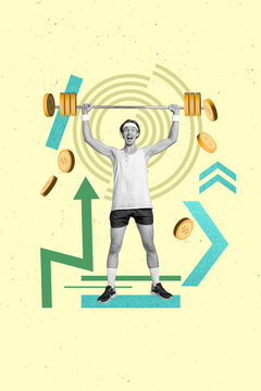 Creative 3d collage artwork template of young sportsman champion push dumbbell raise his first salary isolated on painted background