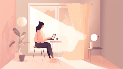 Woman working with her laptop in room, pastel colours, . Created with Generative AI.