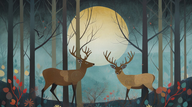 illustration of two deer in forest with full moon . Created with Generative AI.