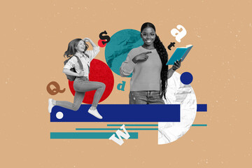 Composite picture school education collage of young girl running inspirate reading books teacher lecture isolated on drawn background