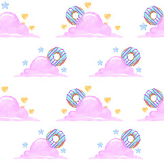 Seamless pattern with cute donuts, croissants and clouds. Perfect for decoration, wrapping paper, linens, wallpaper, kids textile and fabric. 