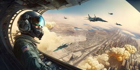 Dogfight: Fighter Pilot in Cockpit of Fighter Jet Over City. Generative AI