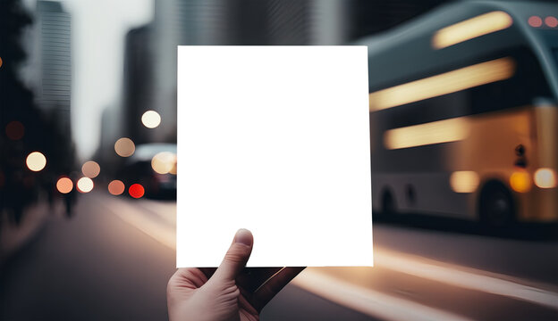 Person holding mockup blank sheet in hand. Copy space for text. Traffic city background. AI generative.