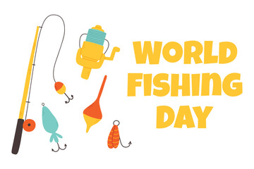 World Fishing Day. vector illustration. Fishing lettering with float, hook, tackle and fishing lure. flat style.