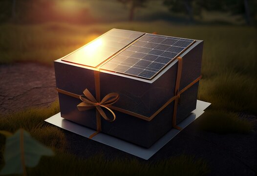 Gift box with solar panels, 3D rendering. Generative AI