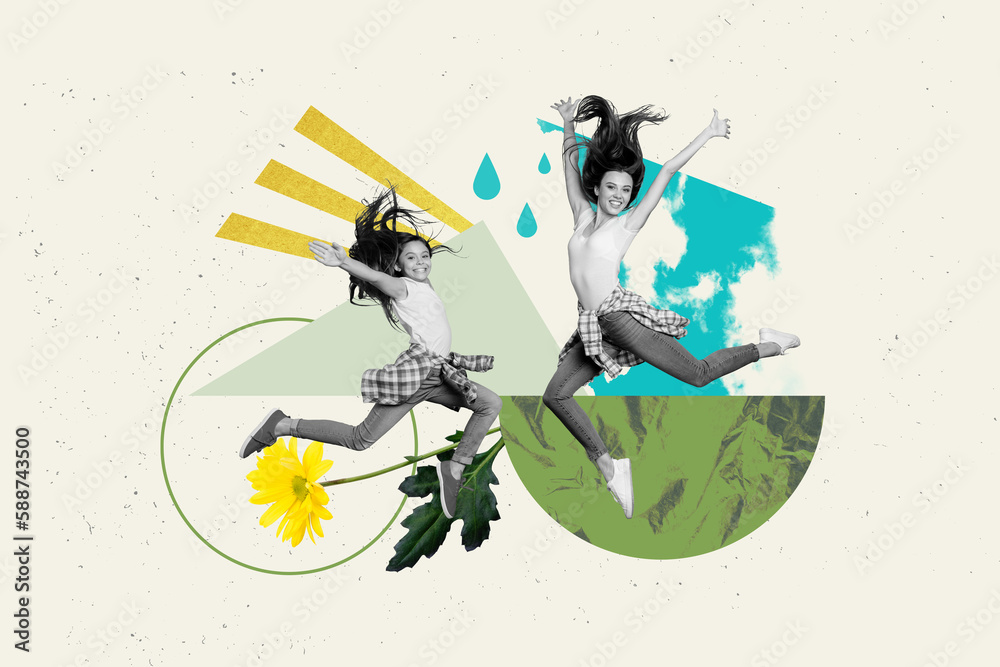 Canvas Prints Photo collage of two young girls mother daughter family jumping have fun save environment clean green nature isolated on painted background