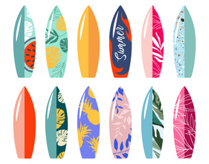 Colorful collection of surfboards. Vector illustration. Vector illustration for badge, logo, print, badge, card, cover, bag, case, invitation, emblem, label