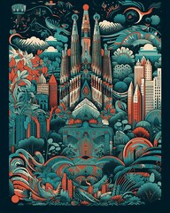 Fantasy Barcelona city surrealistic illustration poster. Creative interpretation of famous landmark and cityscape. Generative AI
