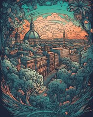 Fantasy Rome city surrealistic illustration poster. Creative interpretation of famous landmark and cityscape. Generative AI