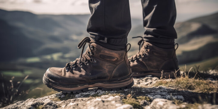 Hiker's boots up close with beautiful mountain backdrop. Generative AI