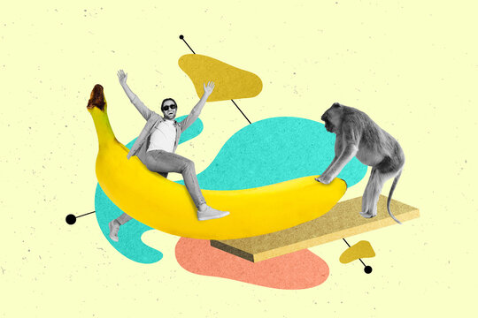 Creative collage portrait of mini black white gamma guy monkey sit huge banana fruit isolated on painted background