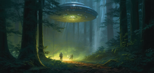 Abducted by Aliens: Flying saucer UFO abduction scene. Generative AI