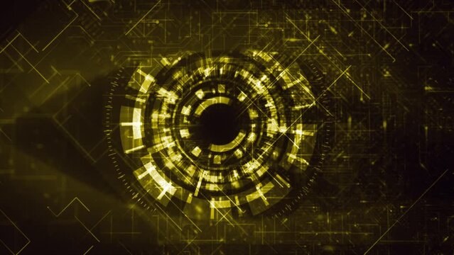 Cyber surveillance animated digital eye design with complex animated circuitry elements in yellow color scheme on a dark background, great for screen replacement elements