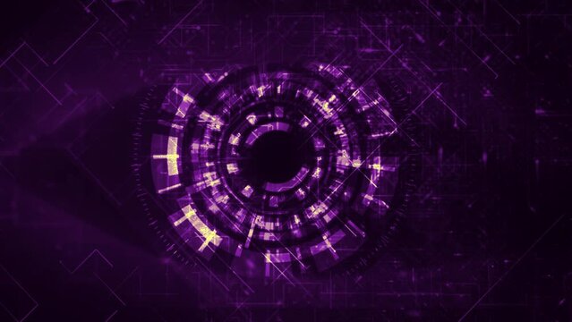 Cyber surveillance animated digital eye design with complex animated circuitry elements in magenta scheme on a dark background, great for screen replacement elements