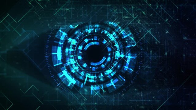 Cyber surveillance animated digital eye design with complex animated circuitry elements in teal color scheme on a dark background, great for screen replacement elements