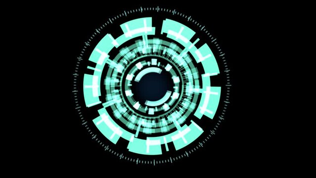 High quality animated gizmo digital eye design with complex rotating elements in teal color scheme on a plain black background for easy compositing, great for screen replacement elements