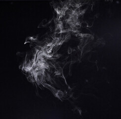 Gray smoke, fog or pattern in a studio with no people for a smokey effect for creative art. Pollution, smoking or smog in the air from a cigarette or incense for creativity by a white png background.