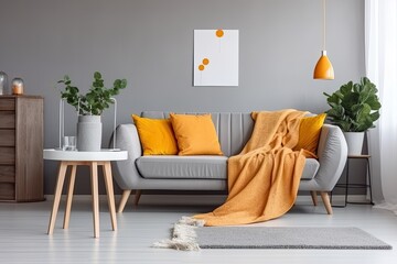 Modern grey-orange living room interior with decor. Generative AI