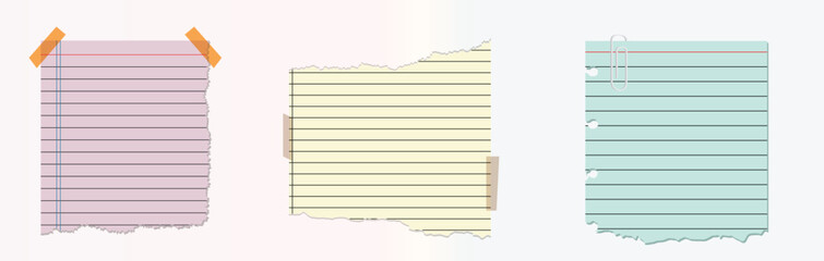 Ripped paper notes. Torn notepaper vectors. Notepaper backgrounds. Pastel palette notepaper.