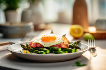 asparagus with fried egg and ham lying on a white plate next to a bottle of white wine. AI generativ