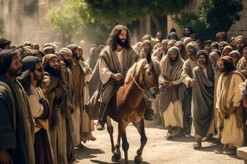 Jesus christ riding a donkey into jerusalem.Ai generativ.