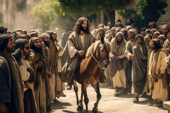 Jesus christ riding a donkey into jerusalem.Ai generativ.
