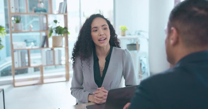 Interview, human resources and a business woman meeting with a candidate during hiring or recruitment. Manager, training or feedback with an hr employee talking to a colleague about his resume or cv