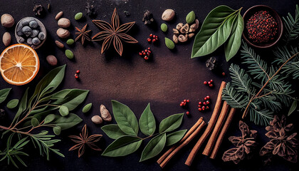 Overhead shoot of variety herbs. Winter holidays wallpaper background. top view. AI generated image