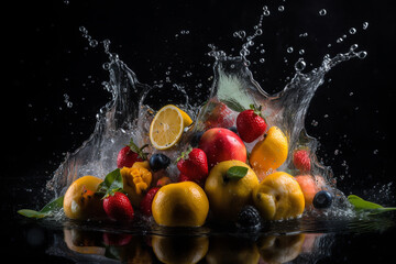 Fototapeta na wymiar Fruit and berry splash in water on a black background. ai generative