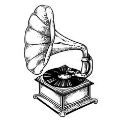 Old fashioned gramophone engraving PNG illustration with transparent background