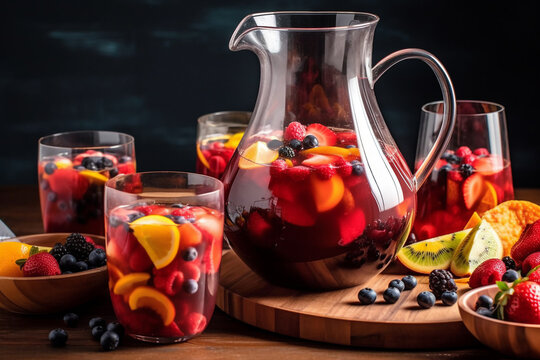 sangria from fresh fruits and berries in a glass jug with ice. summer fruit cocktail. AI generative